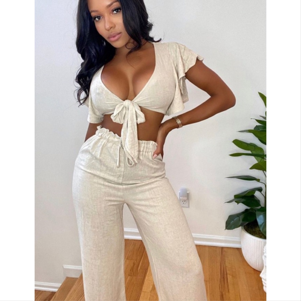 Linen pants set flutter sleeve crop top